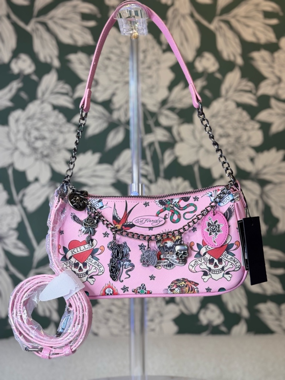 Ed Hardy Pink Tattoo Print Shoulder Crossbody Bag with Charms NWT